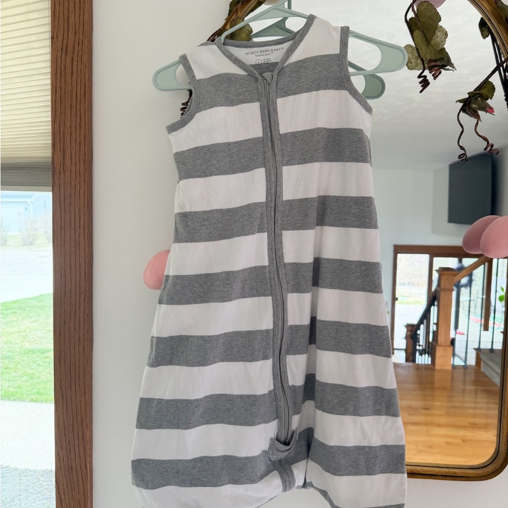 Grey + White Striped Burts Bees baby cotton sleeper Large